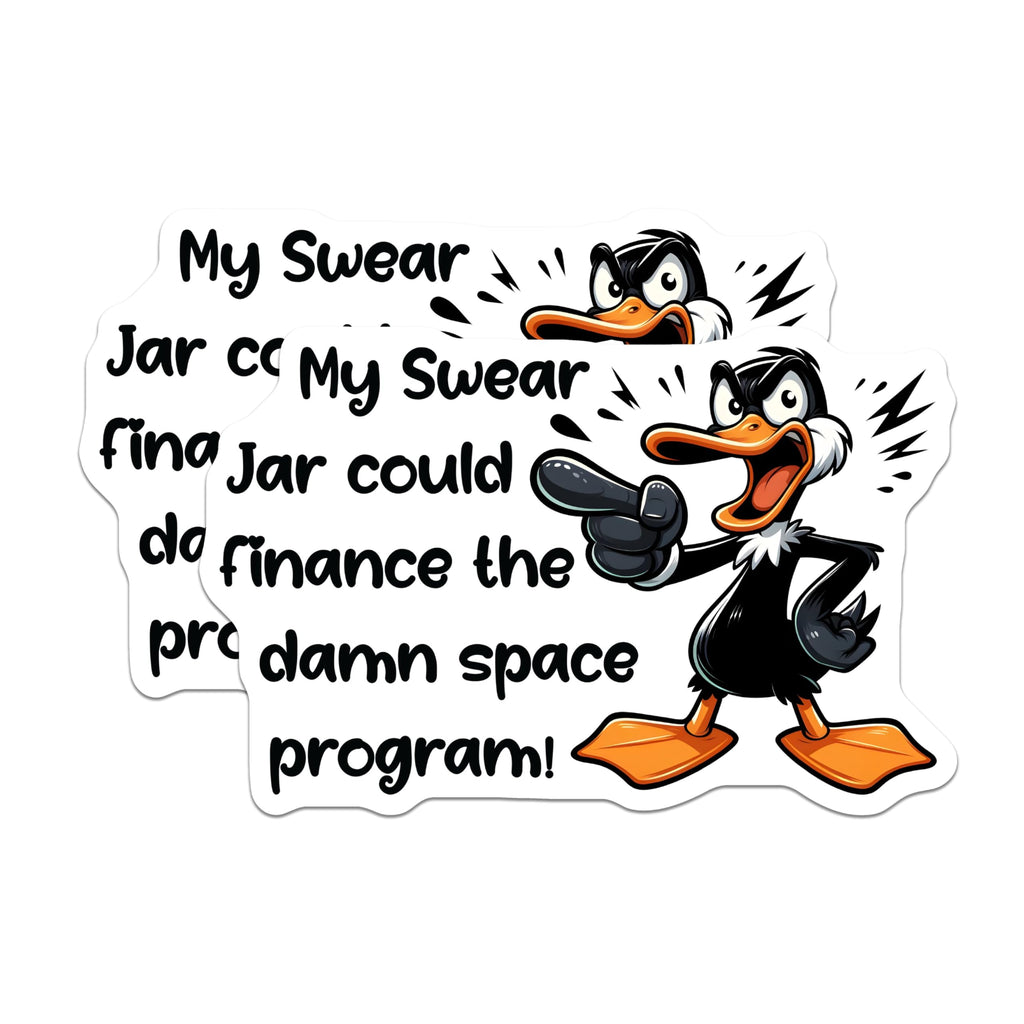 (2 Pack) Swear Jar Duck Stickers - Funny Cartoon Quote - Humorous Space Program Stickers - 5" On Longest Side - Sticks to Smooth Flat Surfaces - Made in USA - BMCS5660