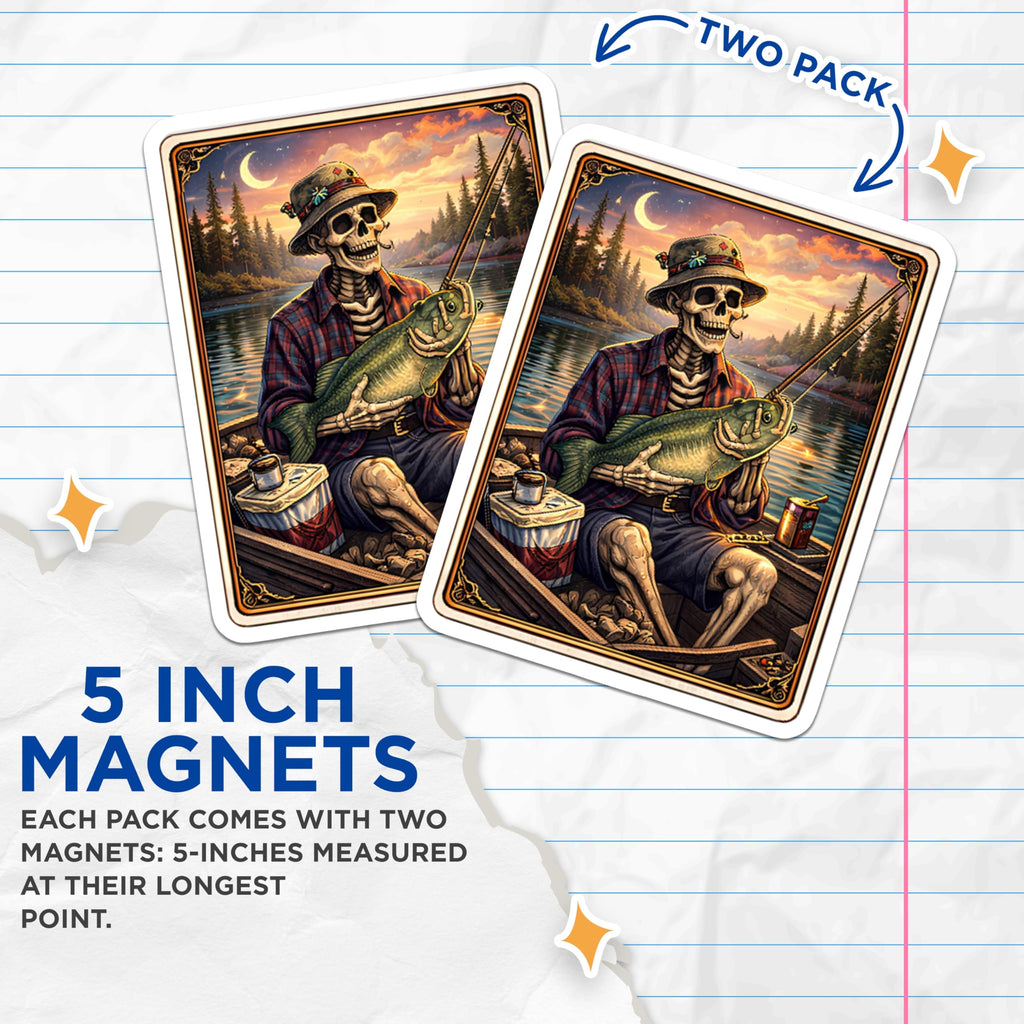 (2 Pack) Skeleton Fisherman Magnets - Fishing Decor - Spooky Art Magnets - 5" On Longest Side - Premium Magnet - for Cars, Refrigerators, Toolboxes, Lockers - Made in USA - MAG16429