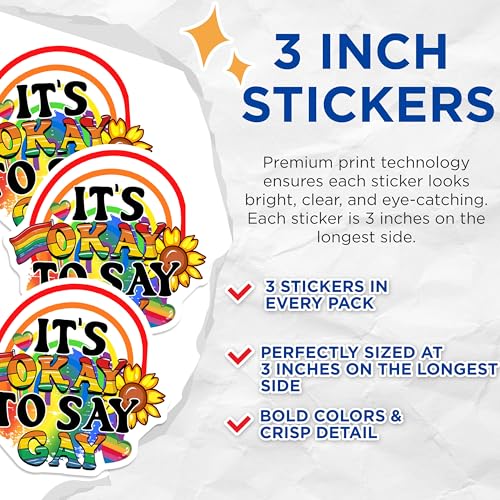(3 Pack) It's Okay to Say Gay Decals - LGBT Pride Rainbow Stickers - Equality Ally Decals - 3 Inches On Longest Side - Easy Peel & Apply - Made in USA - 3MCS7949