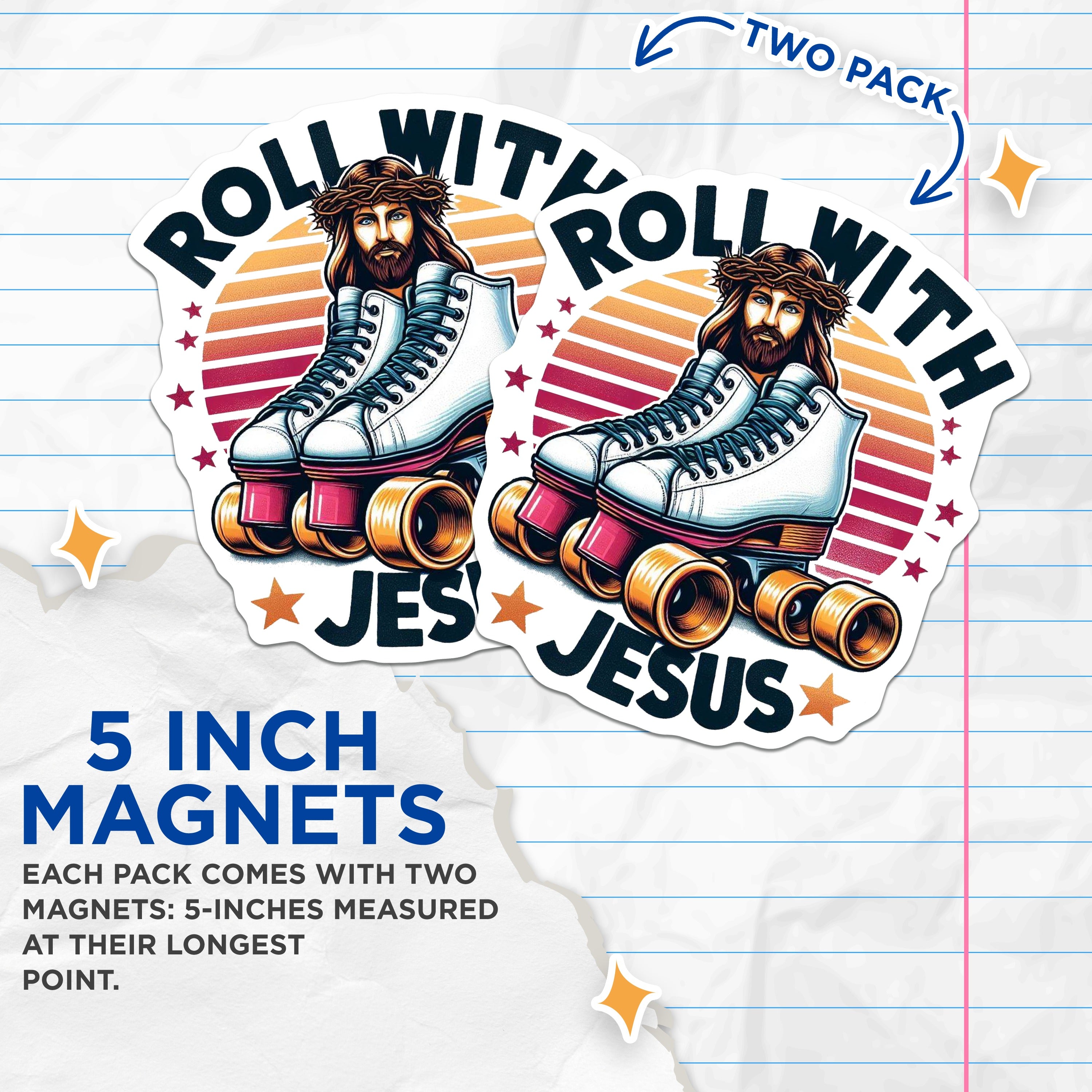 (2 Pack) Roll with Jesus Magnets - Christian Roller Skates Fridge Decor - Retro Faith Inspired Humor Gift - 5 Inches On Longest Side - Thick Durable Magnet - Made in USA - MAG36987