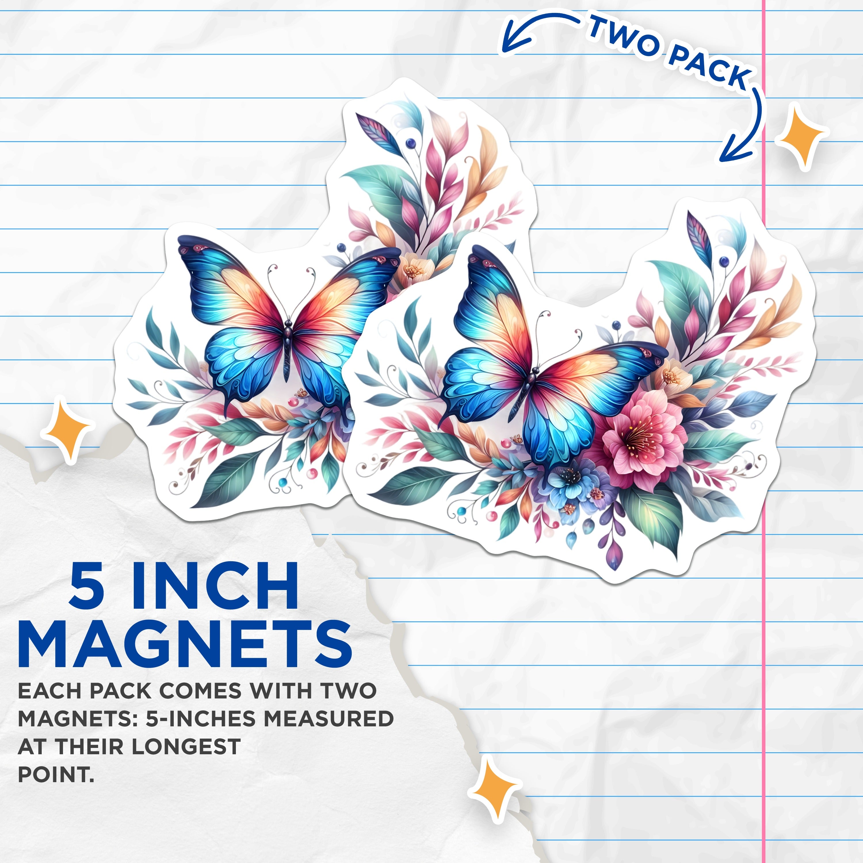 (2 Pack) Vibrant Butterfly Magnets - Ethereal Floral Decor - Nature Inspired Art Aesthetic - 5 Inches On Longest Side - Thick Durable Magnet - Made in USA - MAG37508