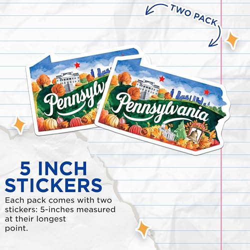 (2 Pack) Pennsylvania State Stickers - Pennsylvania Landmarks - Fall Foliage Stickers - 5" On Longest Side - Sticks to Smooth Flat Surfaces - Made in USA - BMCS6315