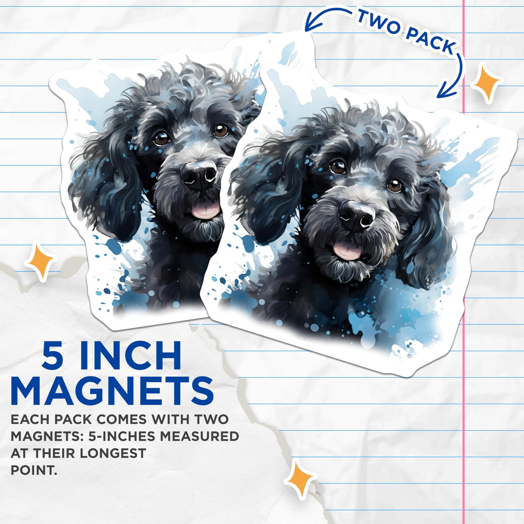 (2 Pack) Black Curly Dog Magnets - Watercolor Pet Art - Dog Lover Fridge Accessory - 5 Inches On Longest Side - Thick Durable Magnet - Made in USA - MAG28964