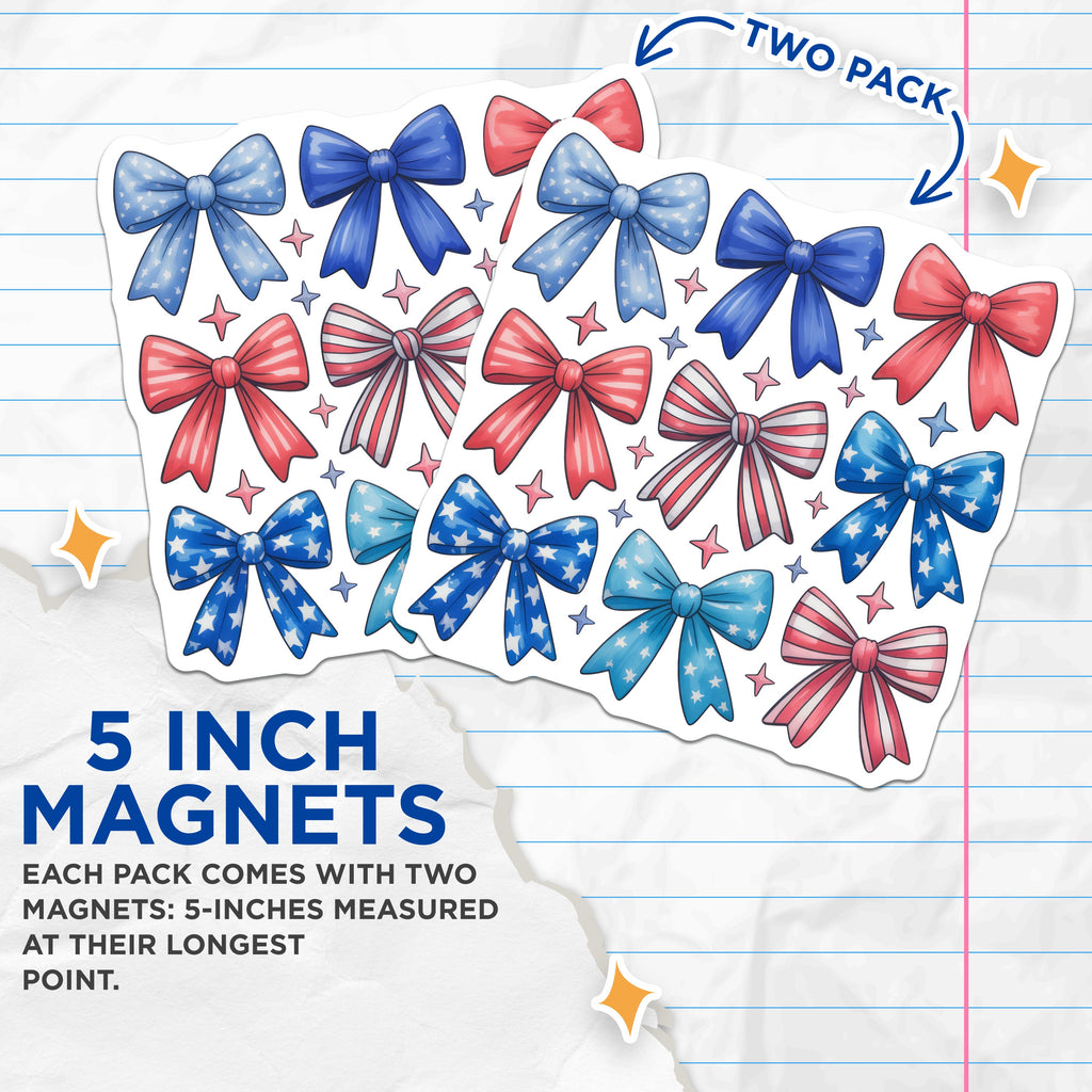 (2 Pack) Red White Blue Bows Magnets - Patriotic Decor - July 4th Refrigerator Decorations - Memorial Day - 5 Inches On Longest Side - Thick Durable Magnet - Made in USA - MAG36972