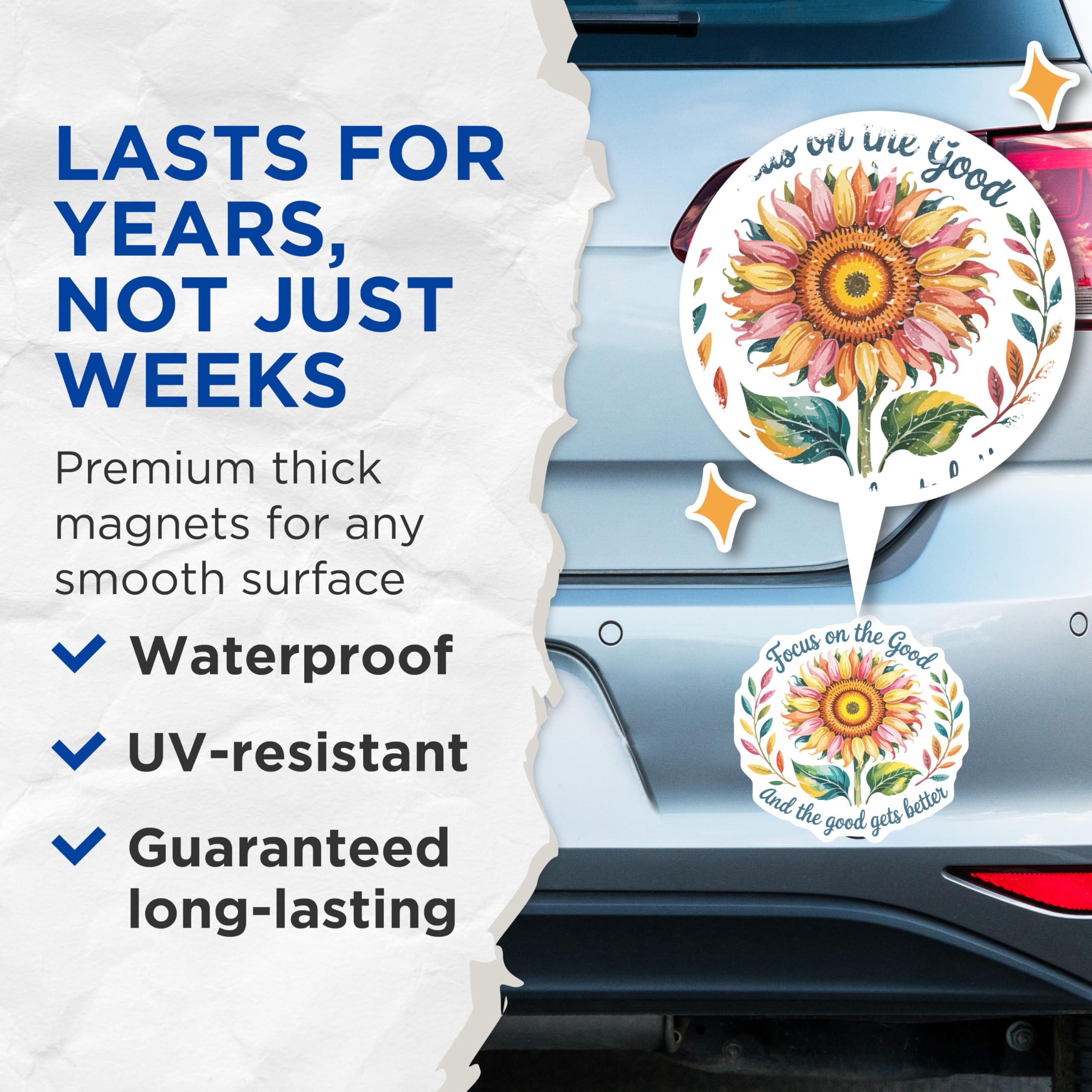 (2 Pack) Vibrant Sunflower Magnets - Focus on the Good Quote Art - Positive Affirmation Decor - Motivational Kitchen Office - 5 Inches On Longest Side - Thick Durable Magnet - Made in USA - MAG22536