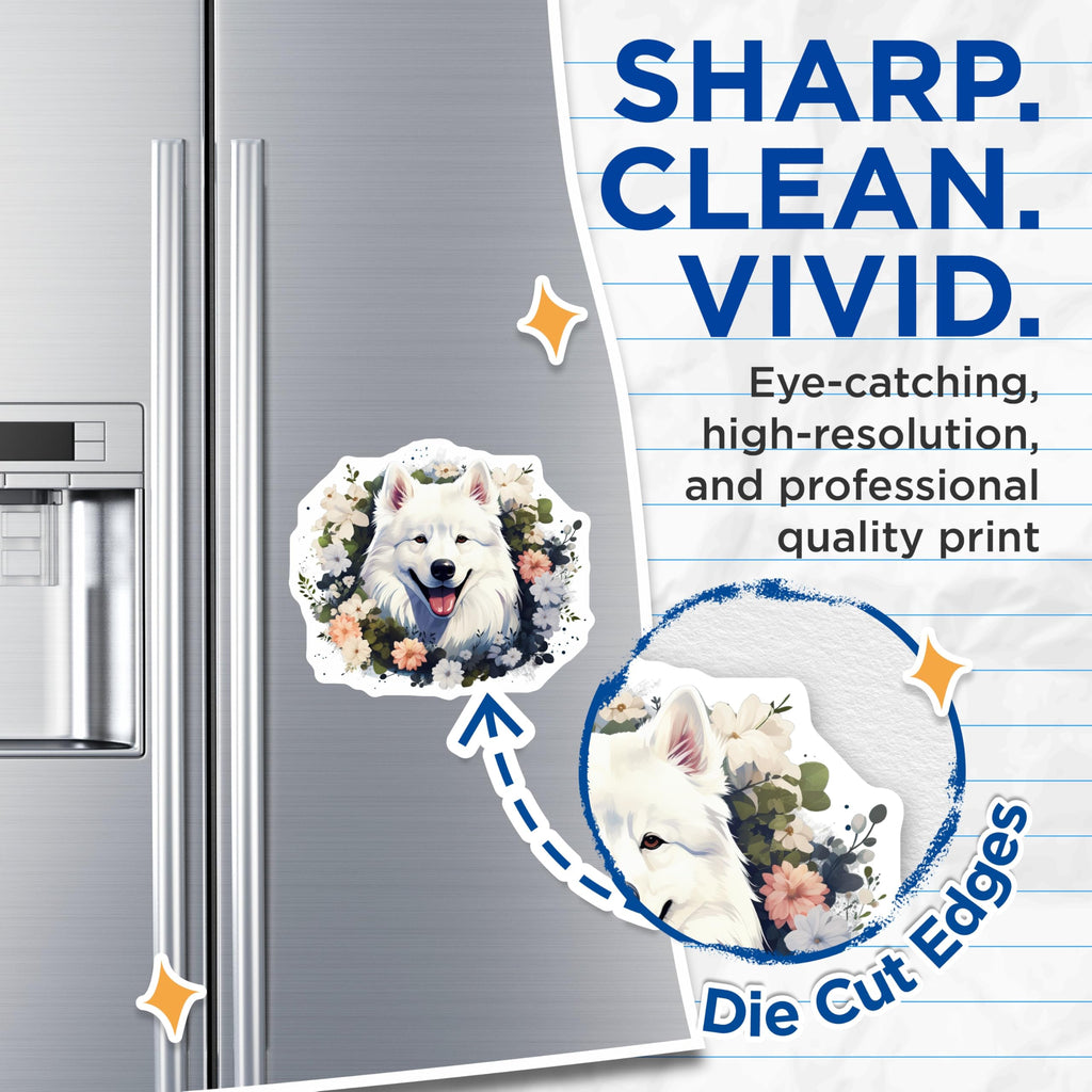 (2 Pack) Samoyed Dog Magnets - Floral Animal Decor - Dog Mom Refrigerator Magnets - 5 Inches On Longest Side - Thick Durable Magnet - Made in USA - MAG27005