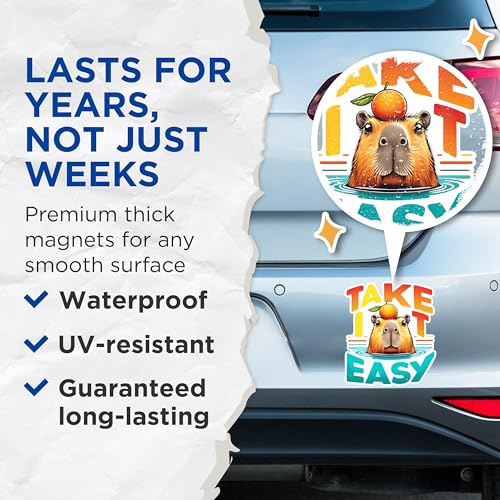 (2 Pack) Capybara Take It Easy Magnets - Cute Animal Magnets - Motivational Magnets - Orange Capybara Magnets- 5" On Longest Side - for Fridges, Toolboxes, Cars - Made in USA - MAG2663