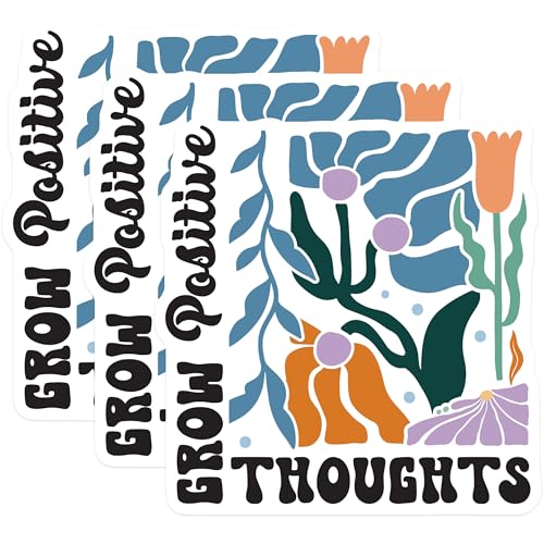(3 Pack) Grow Positive Thoughts Decals - Floral Illustration Stickers - Laptop Decals - 3 Inches On Longest Side - Easy Peel & Apply - Made in USA - 3MCS2613