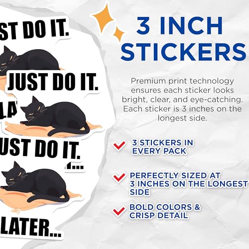 (3 Pack) Cat Laptop Decals - Funny Lazy Cat Decal - Just Do It Later Decals - 3 Inches On Longest Side - Easy Peel & Apply - Made in USA - 3MCS6578