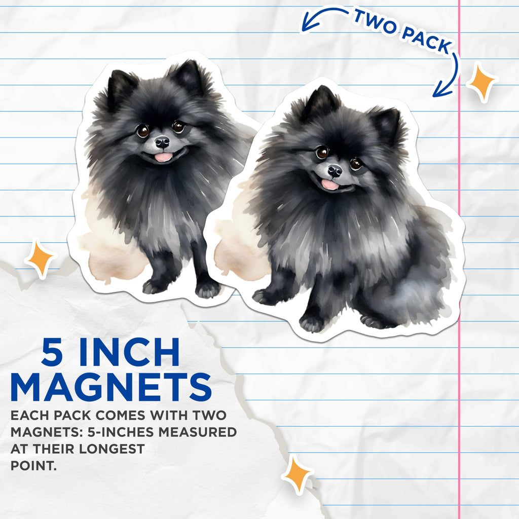 (2 Pack) Black Pomeranian Magnets - Cute Dog Art - Pet Lover Decor - Watercolor Pompom - 5 Inches On Longest Side - Thick Durable Magnet - Made in USA - MAG29166