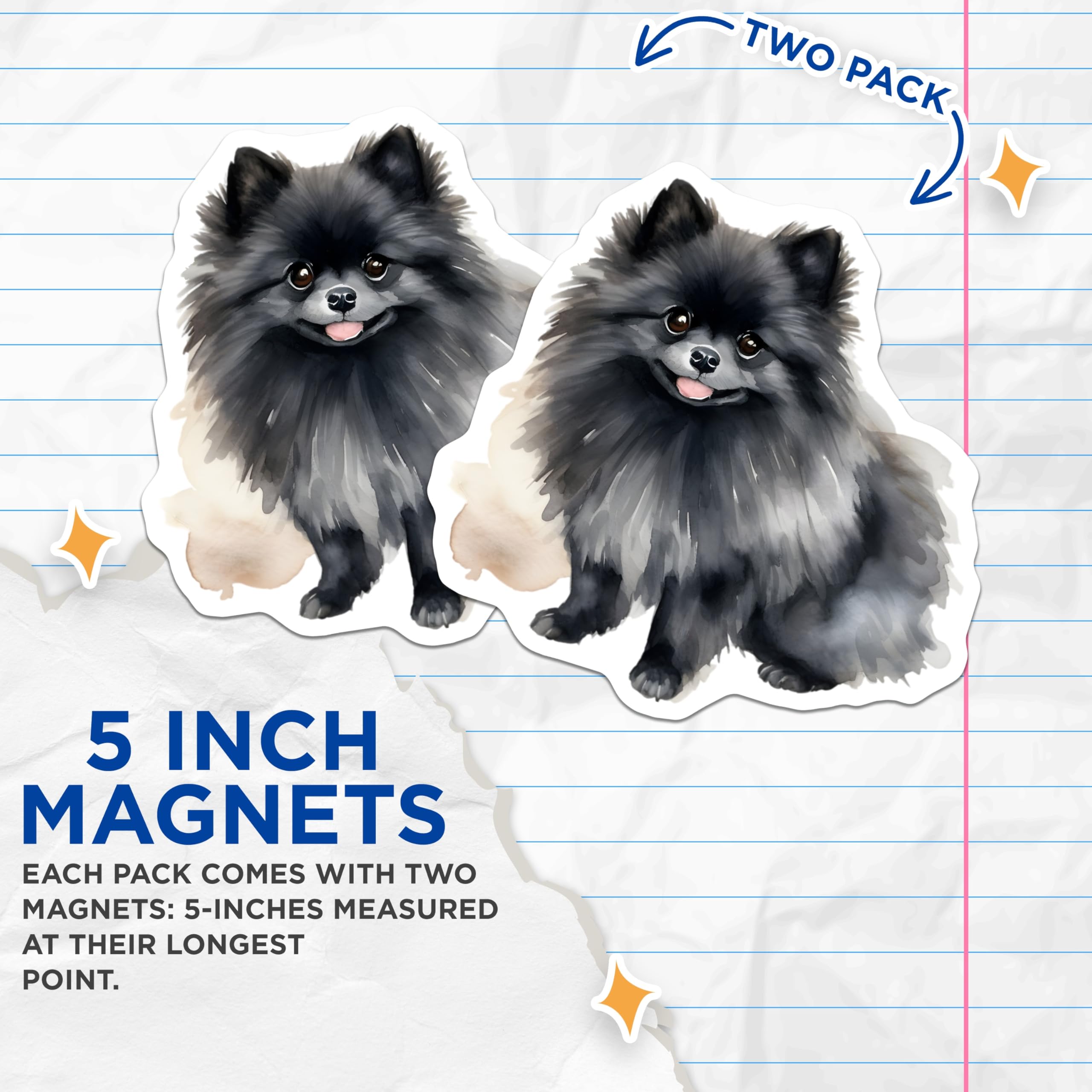 (2 Pack) Black Pomeranian Magnets - Cute Dog Art - Pet Lover Decor - Watercolor Pompom - 5 Inches On Longest Side - Thick Durable Magnet - Made in USA - MAG29166