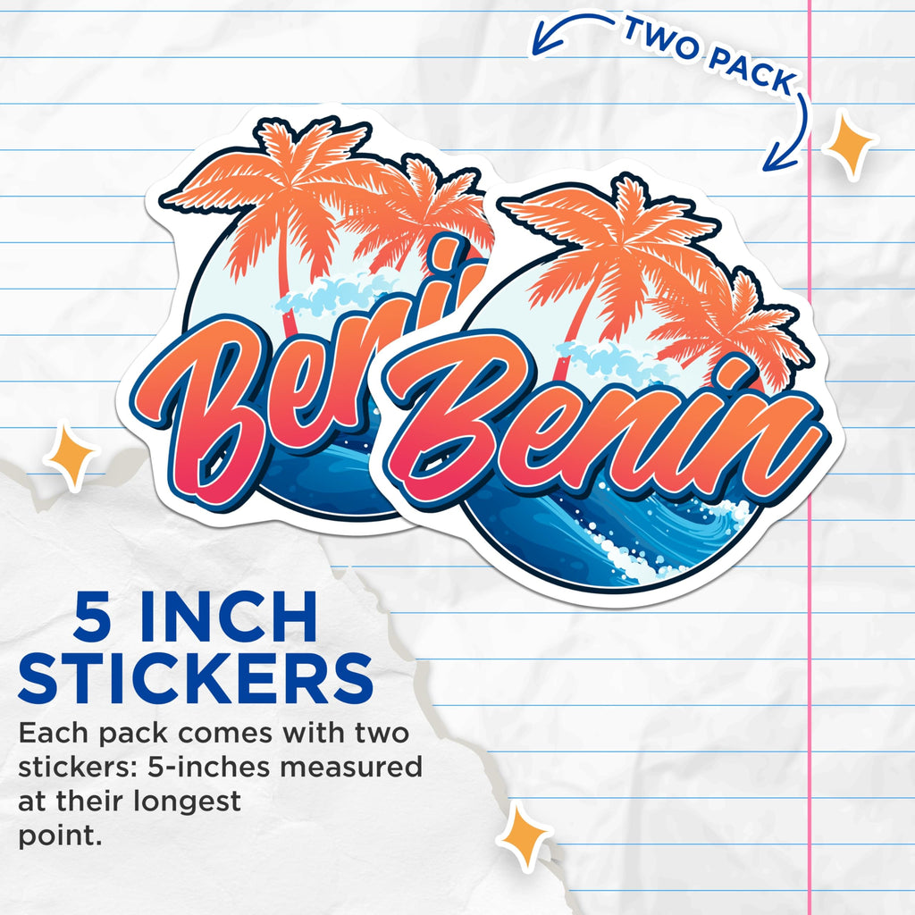 (2 Pack) Benin Stickers - Tropical Palm Tree - Summer Travel Decals - 5" On Longest Side - Sticks to Smooth Flat Surfaces - Made in USA - BMCS18761