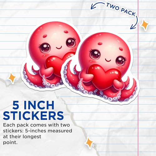 (2 Pack) Cute Octopus Heart Stickers - Marine Animal Stickers - Adorable Ocean Stickers - 5" On Longest Side - Sticks to Smooth Flat Surfaces - Made in USA - BMCS3656