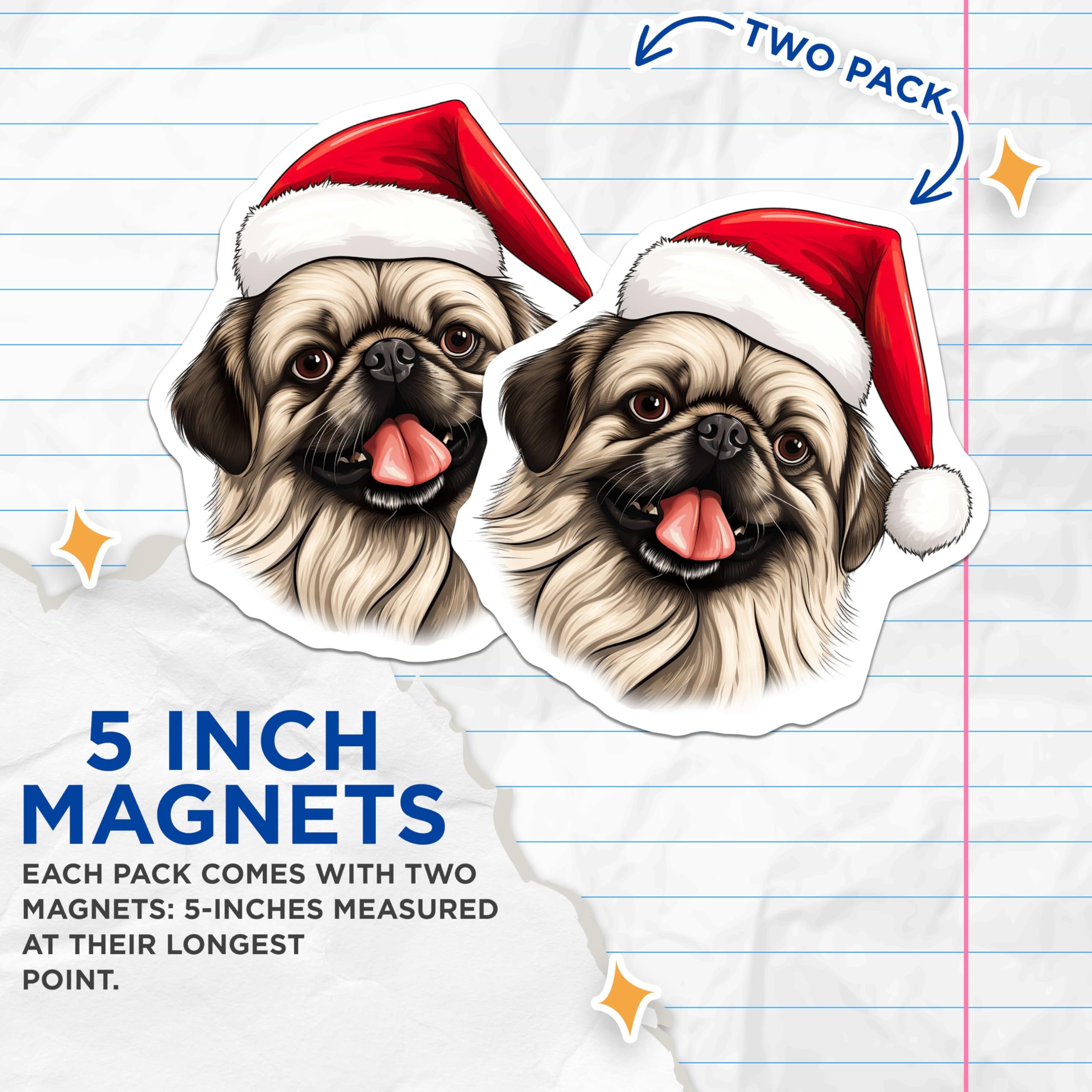 (2 Pack) Pekingese Christmas Magnets - Santa Hat Dog - Festive Holiday Home Decor - 5 Inches On Longest Side - Thick Durable Magnet - Made in USA - MAG23447