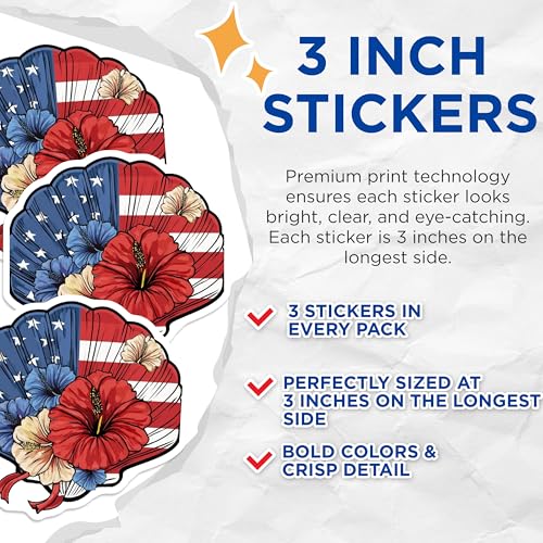 (3 Pack) Patriotic Shell Decals - American Flag Floral - Laptop Decorations - 3 Inches On Longest Side - Easy Peel & Apply - Made in USA - 3MCS7742