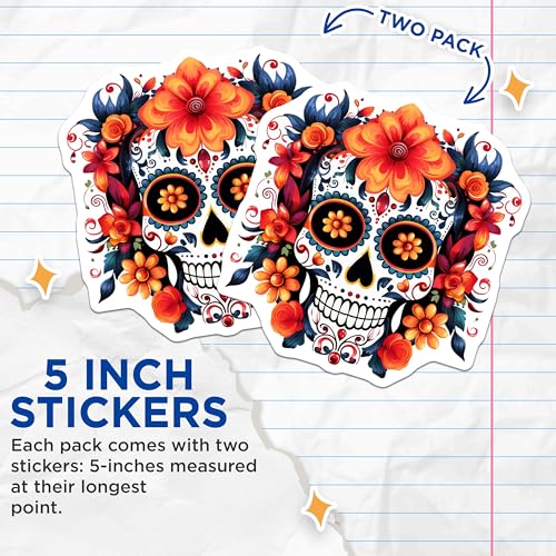 (2 Pack) Day of The Dead Stickers - Sugar Skull Stickers - Colorful Skull Art Stickers - 5" On Longest Side - Sticks to Smooth Flat Surfaces - Made in USA - BMCS4571