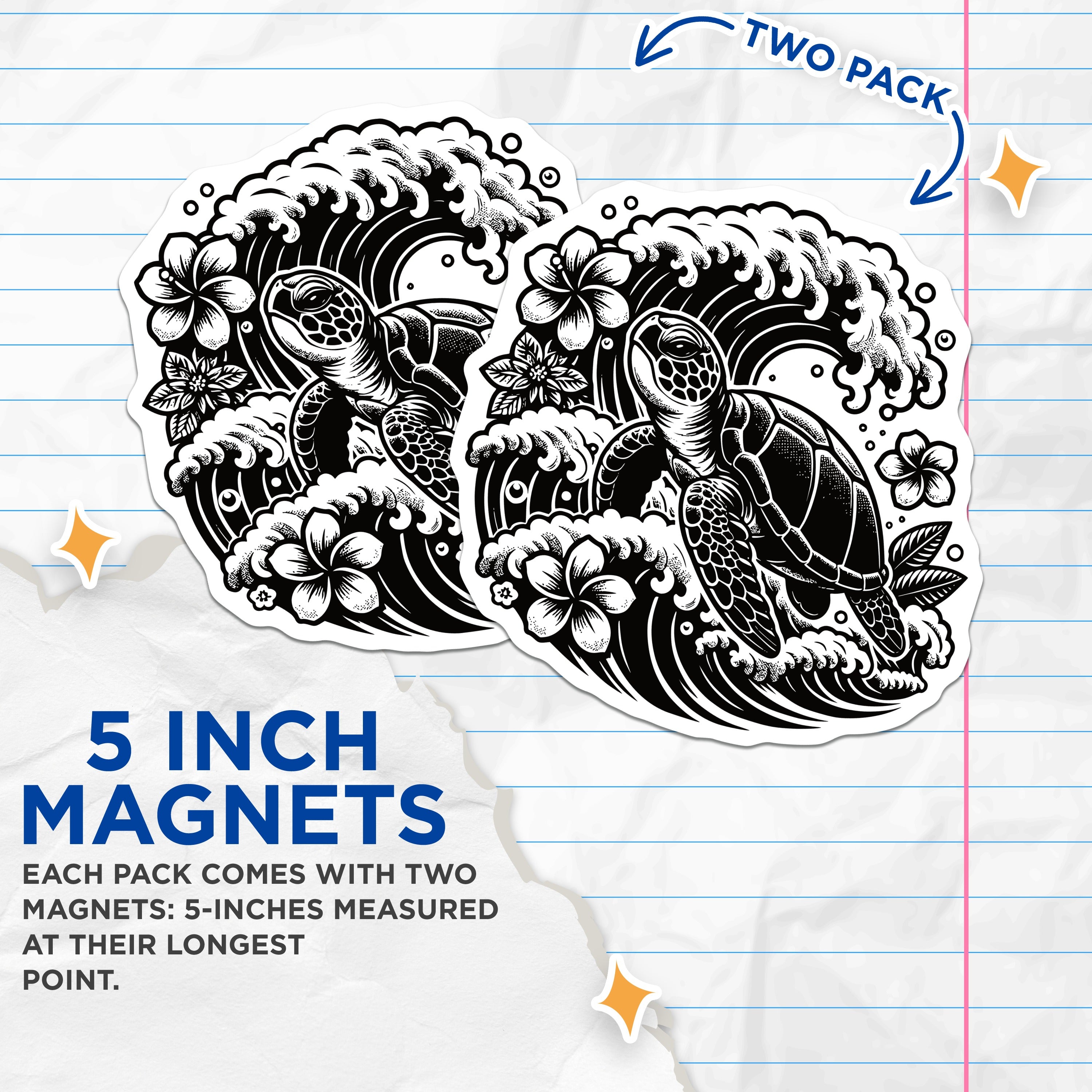 (2 Pack) Sea Turtle Magnets - Hawaiian Honu Design - Ocean Wave Plumeria - Tropical Fridge Decor - 5 Inches On Longest Side - Thick Durable Magnet - Made in USA - MAG36049