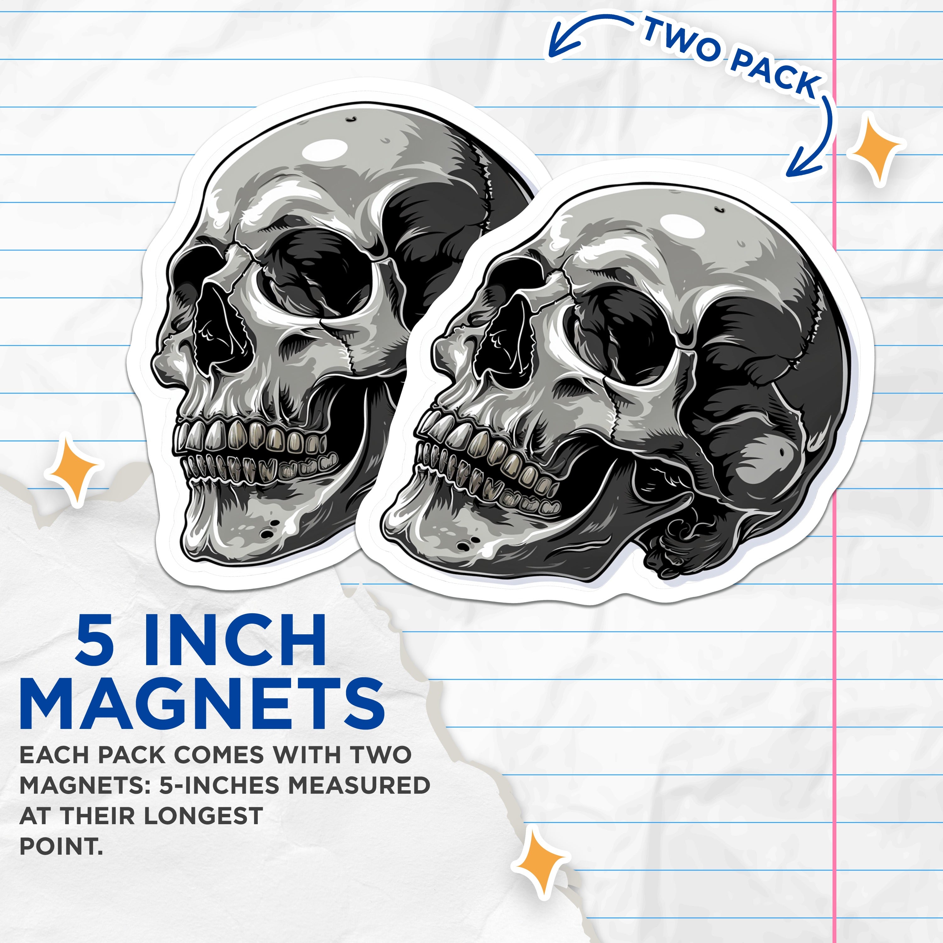 (2 Pack) Gothic Skull Magnets - Edgy Human Skeleton Art - Macabre Anatomy Decor for Halloween - 5 Inches On Longest Side - Thick Durable Magnet - Made in USA - MAG36524