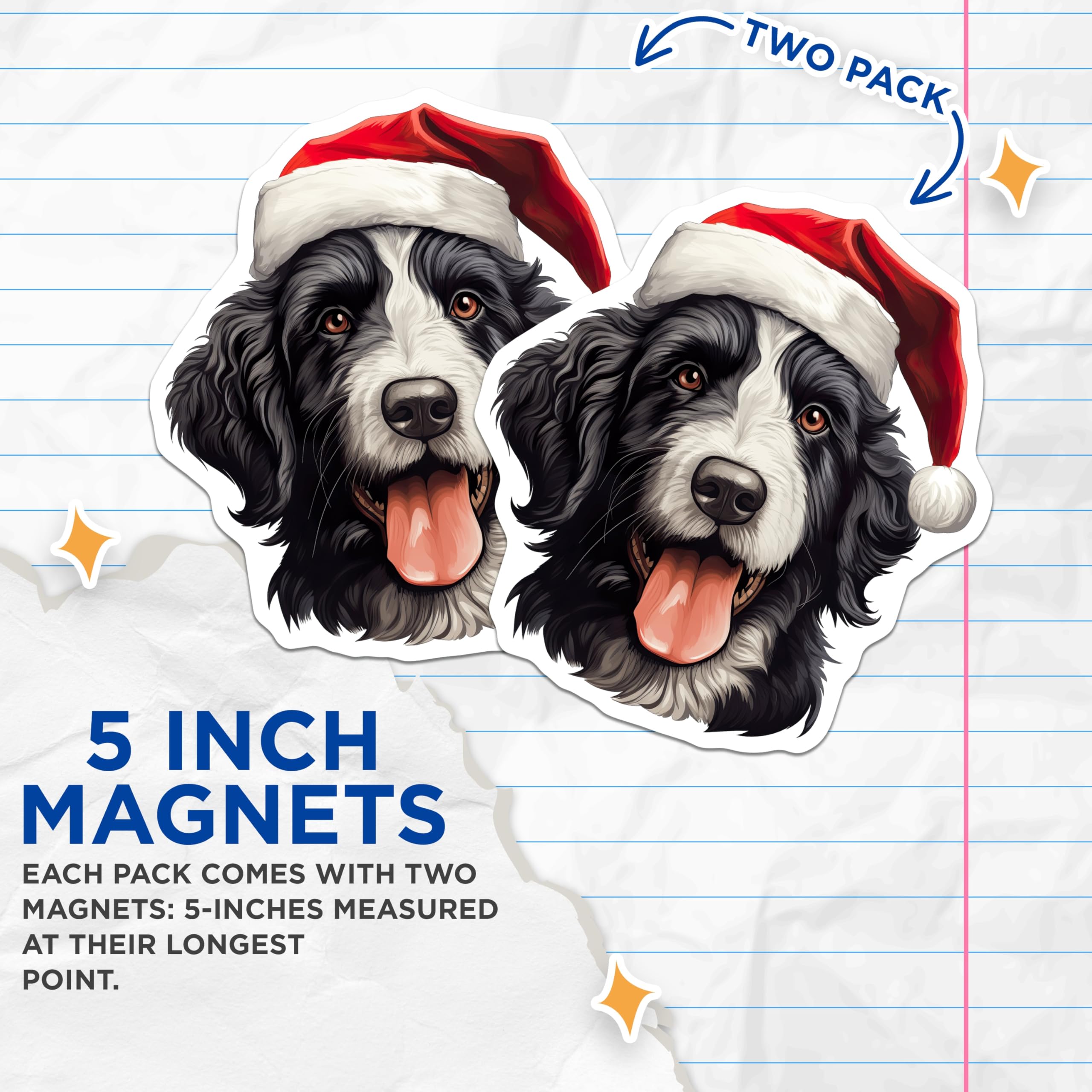 (2 Pack) Christmas Dog Magnets - Santa Hat Border Collie Art - Festive Pet Refrigerator Decor - Winter Holiday Animal Magnet - 5 Inches On Longest Side - Thick Durable Magnet - Made in USA - MAG23470