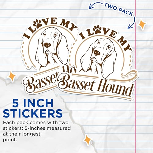 (2 Pack) Basset Hound Stickers - I Love My Dog Stickers - Cute Pet Stickers - 5" On Longest Side - Sticks to Any Smooth Flat Surface - Made in USA - BMCS2964