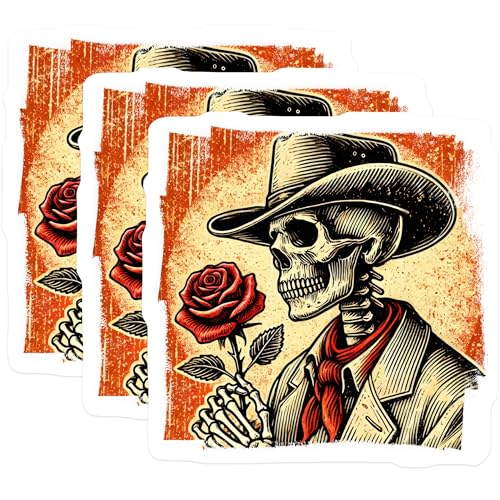 (3 Pack) Cowboy Skeleton Decals - Rose Flower - Laptop Decals - 3 Inches On Longest Side - Easy Peel & Apply - Made in USA - 3MCS4451