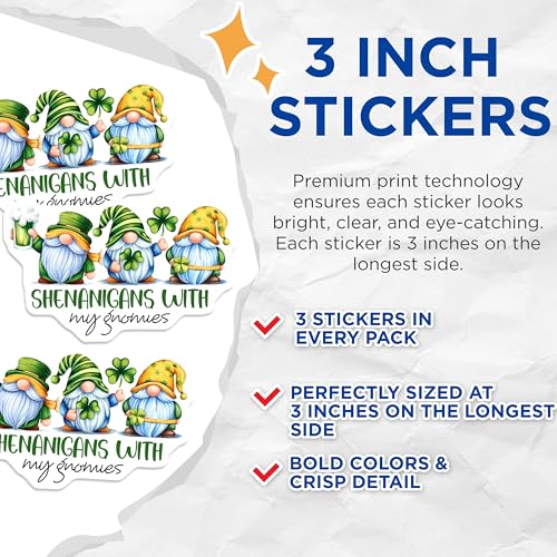 (3 Pack) St Patricks Day Decals - Shenanigans with Gnomes - Irish Gnome Laptop Decal - 3 Inches On Longest Side - Easy Peel & Apply - Made in USA - 3MCS7162