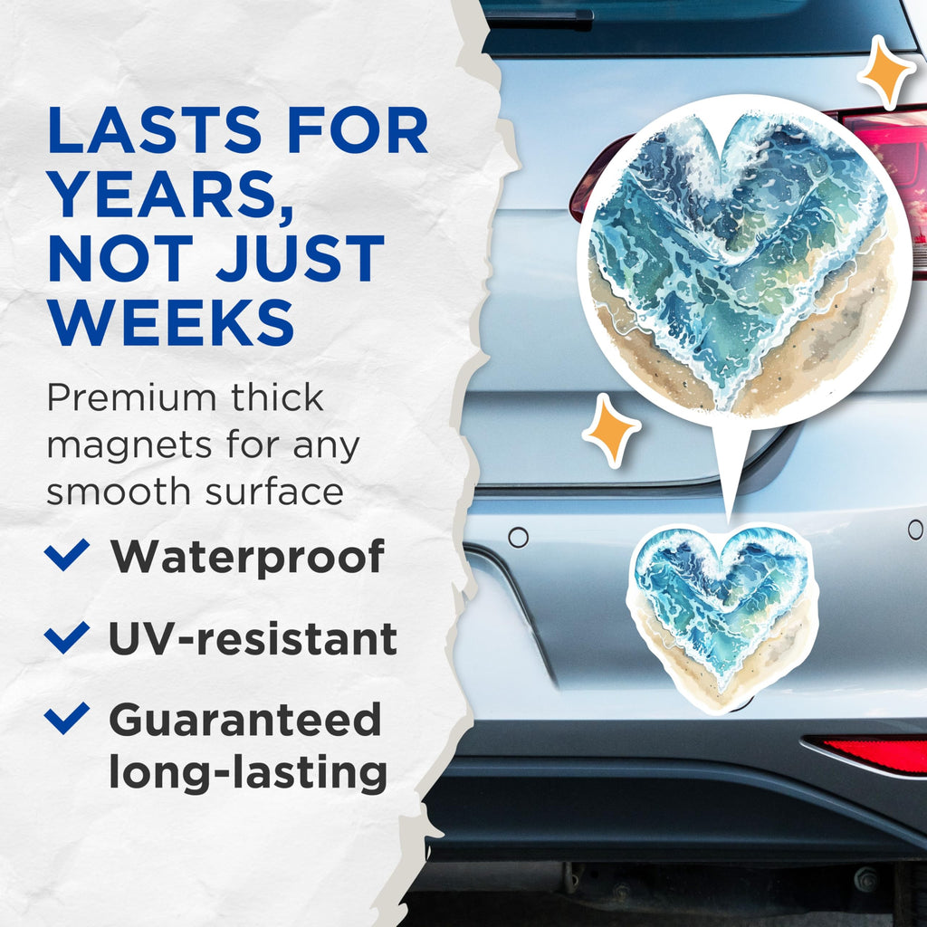 (2 Pack) Heart Ocean Wave Art Magnets - Coastal Beach House Decor - Summer Aesthetic Kitchen Fridge Locker Magnets - 5 Inches On Longest Side - Thick Durable Magnet - Made in USA - MAG20148