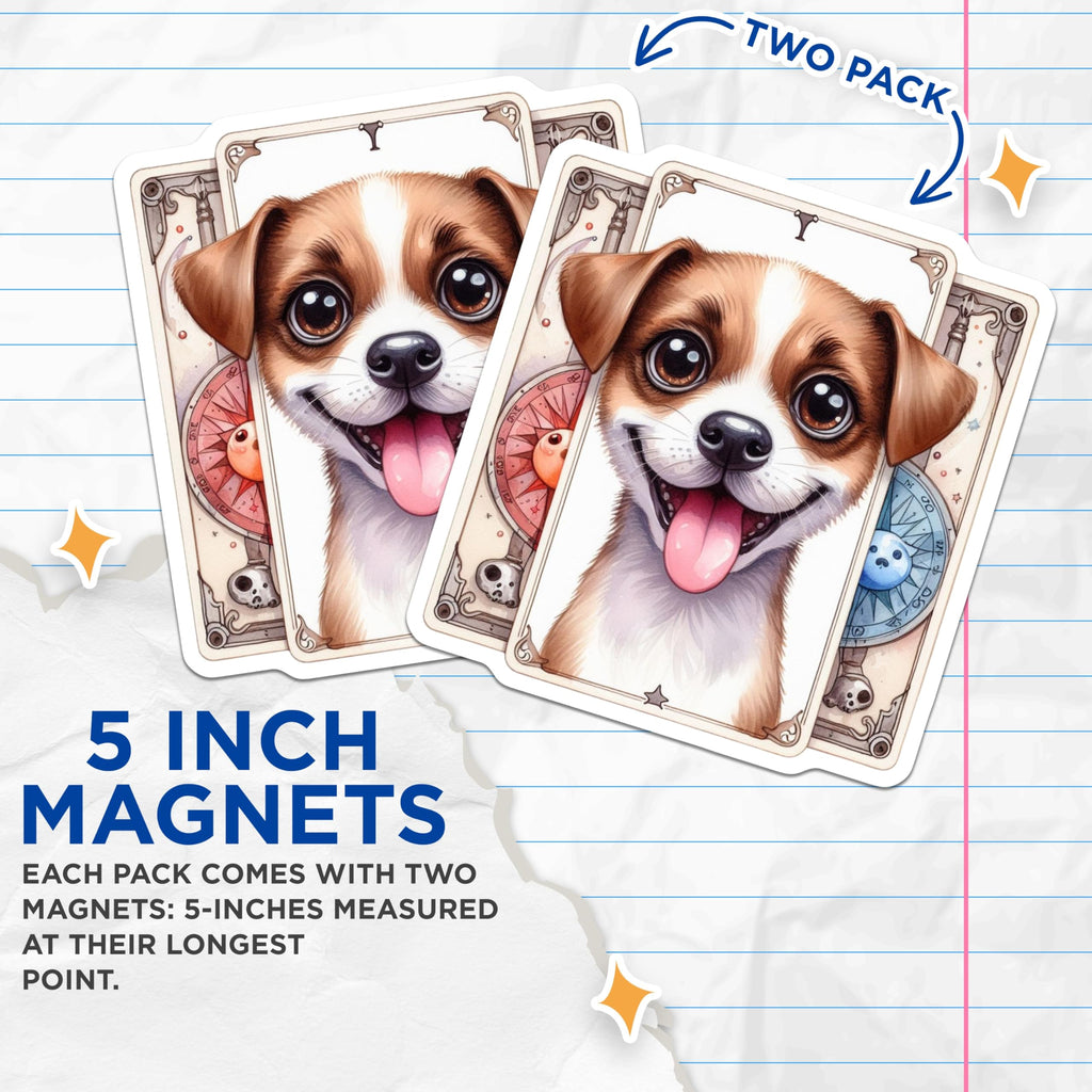 (2 Pack) Cute Puppy Magnets - Tarot Card Dog Art - Whimsical Smiling Canine Refrigerator Decor - Aesthetic Pet Lover - 5 Inches On Longest Side - Thick Durable Magnet - Made in USA - MAG22484