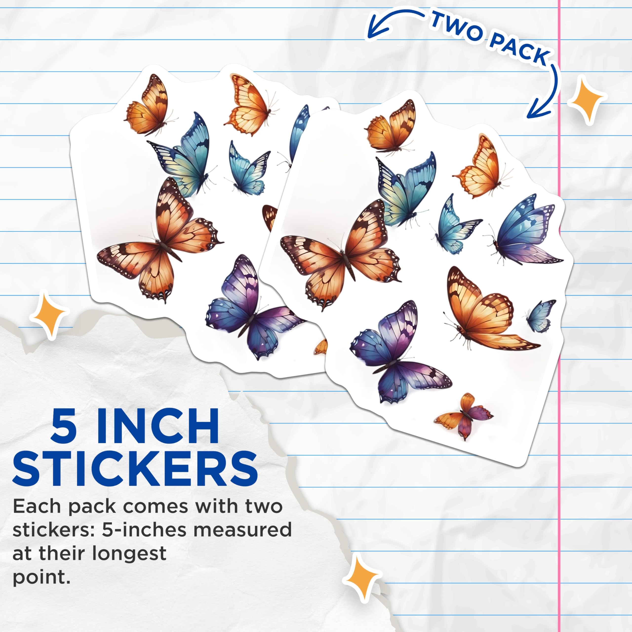 (2 Pack) Butterfly Stickers - Colorful Butterfly Decals - Decorative Stickers - 5" On Longest Side - Sticks to Smooth Flat Surfaces - Made in USA - BMCS15530