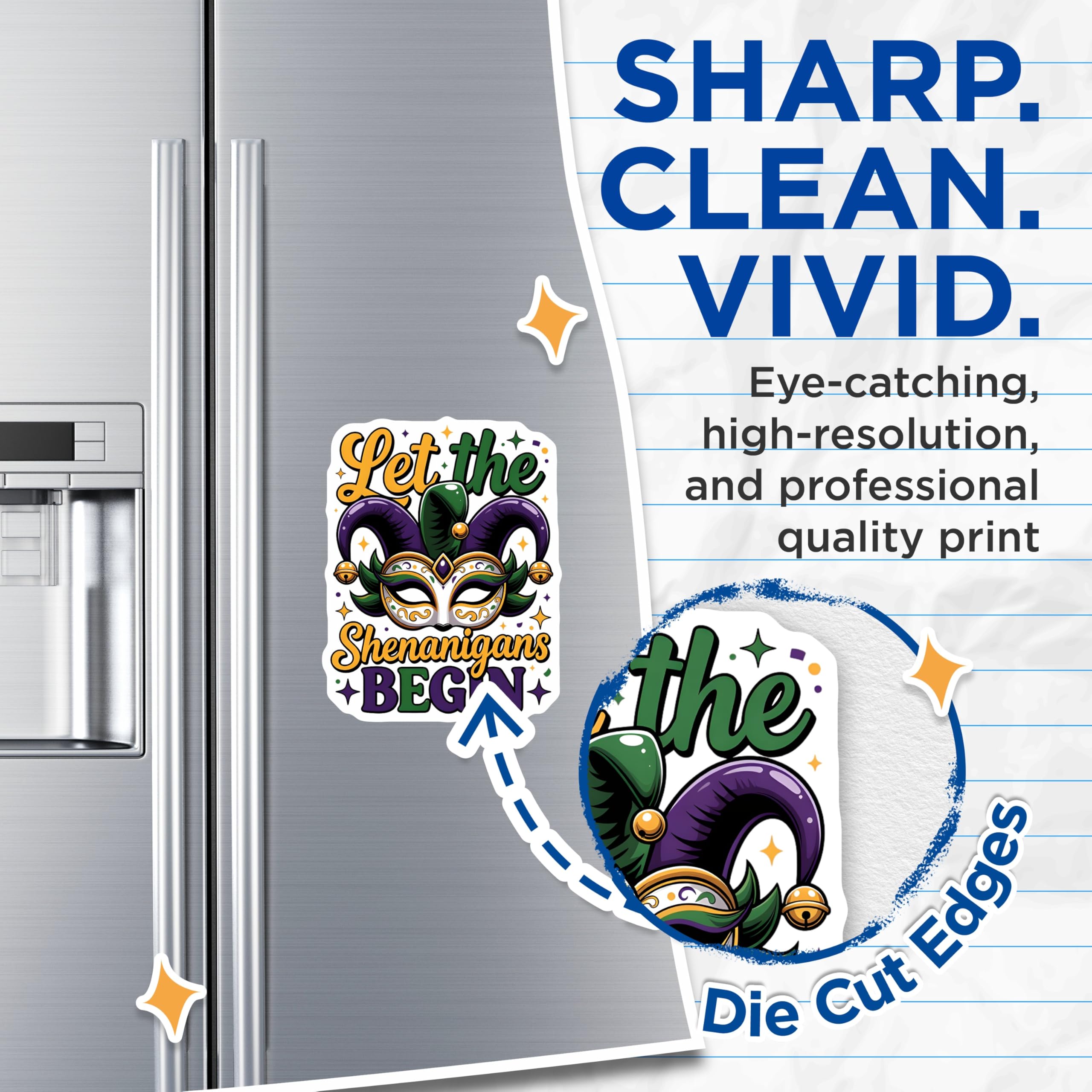 (2 Pack) Mardi Gras Magnets - Let The Shenanigans Begin - Jester Mask Decor - 5" On Longest Side - Premium Magnet - for Cars, Refrigerators, Toolboxes, Lockers - Made in USA - MAG14217