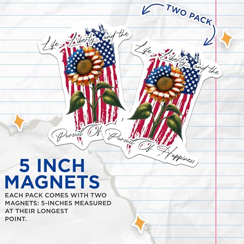 (2 Pack) Life Liberty and The Pursuit of Happiness Magnets - Patriotic Flower Decor - 5" On Longest Side - for Cars, Fridges, Toolboxes - Made in USA - MAG7866