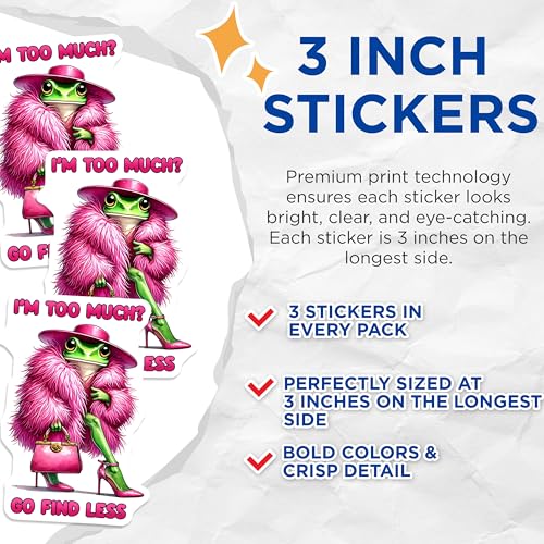 (3 Pack) Too Much Frog Decals - Go Find Less - Diva Frog - Laptop Decals - 3 Inches On Longest Side - Easy Peel & Apply - Made in USA - 3MCS6369
