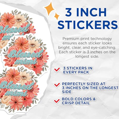 (3 Pack) Blessed Mimi Decals - Floral Sticker - Grandma Nana Decal - 3 Inches On Longest Side - Easy Peel & Apply - Made in USA - 3MCS7229