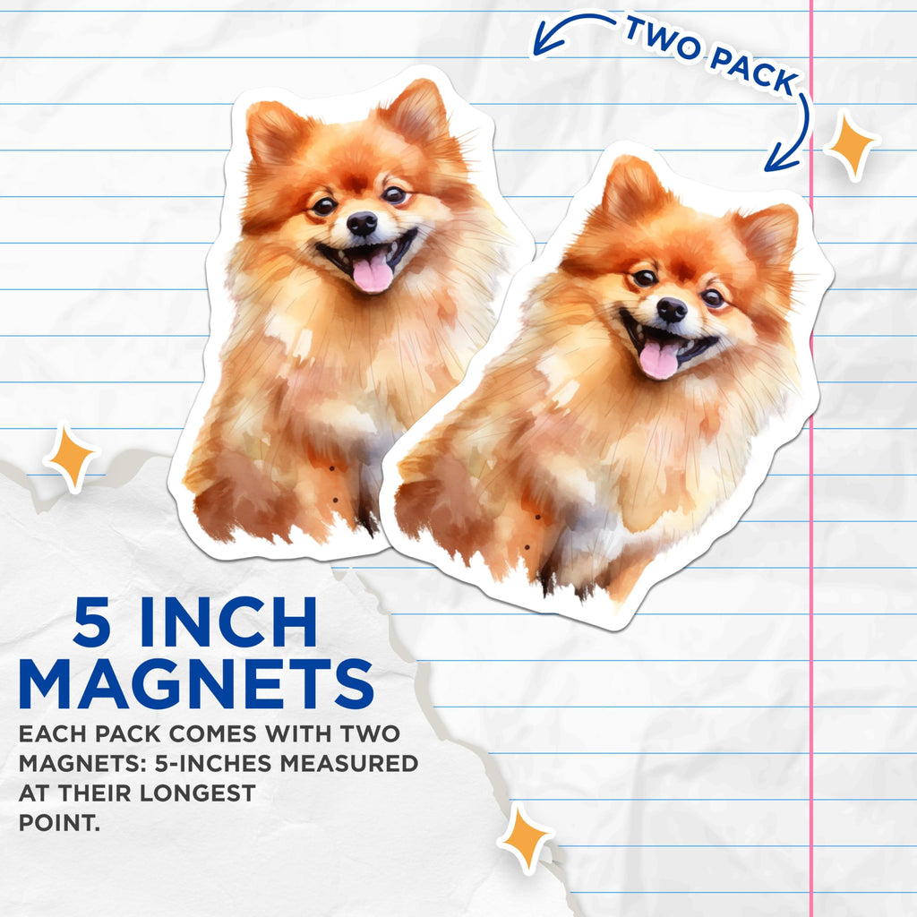 (2 Pack) Pomeranian Dog Magnets - Cute Dog Lover Decor - Happy Pet Puppy Art - 5 Inches On Longest Side - Thick Durable Magnet - Made in USA - MAG24210