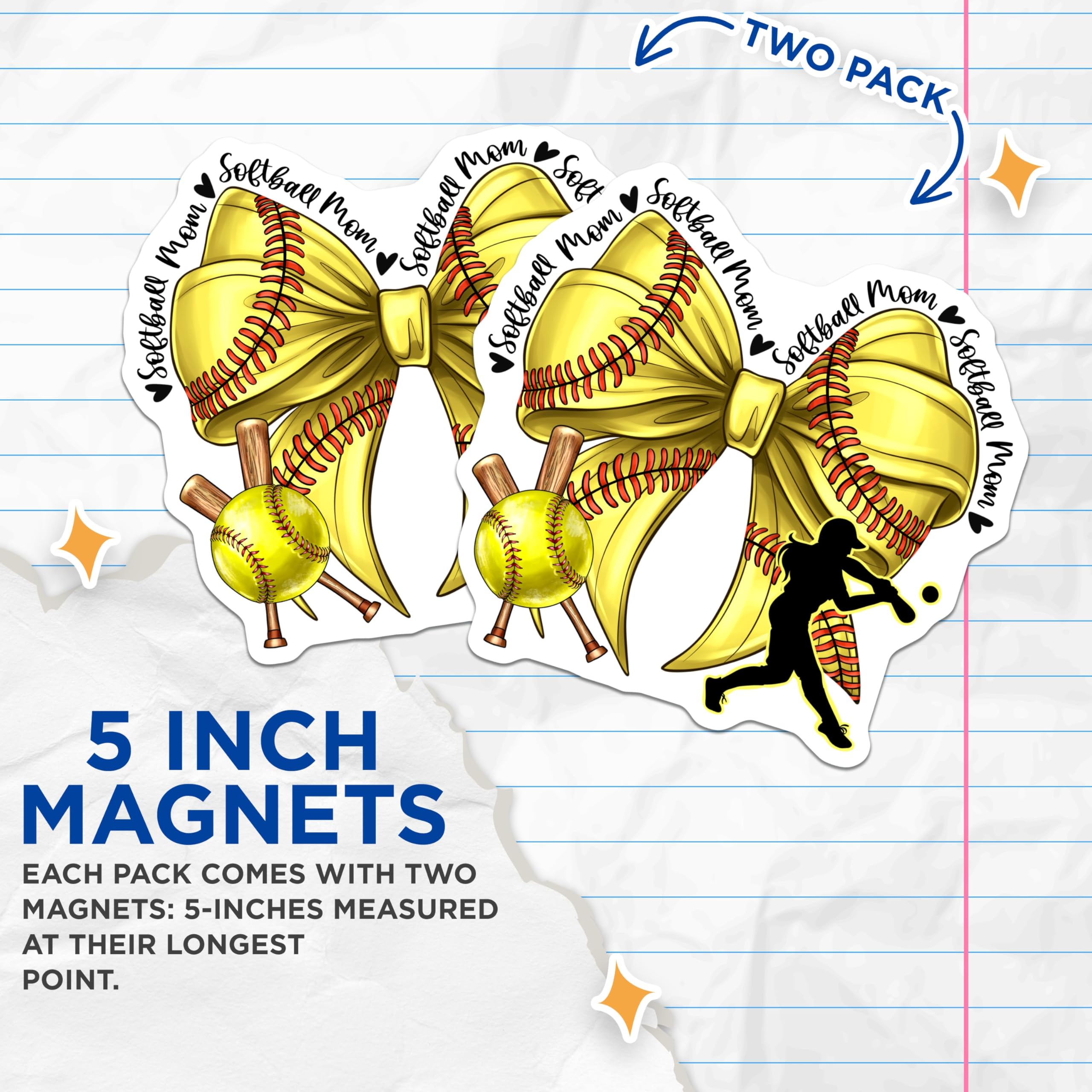(2 Pack) Softball Mom Magnets - Sports Parent Decor - Team Spirit Game Day - 5 Inches On Longest Side - Thick Durable Magnet - Made in USA - MAG29173
