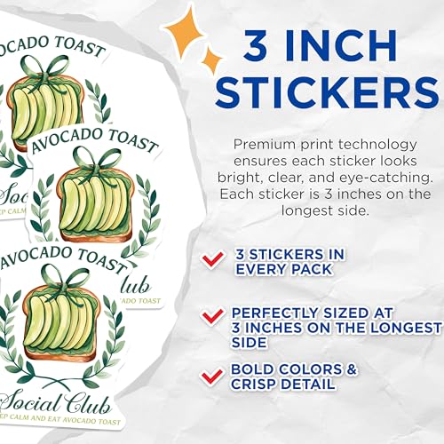 (3 Pack) Avocado Toast Decals - Foodie Decal - Social Club Stickers - 3 Inches On Longest Side - Easy Peel & Apply - Made in USA - 3MCS7143