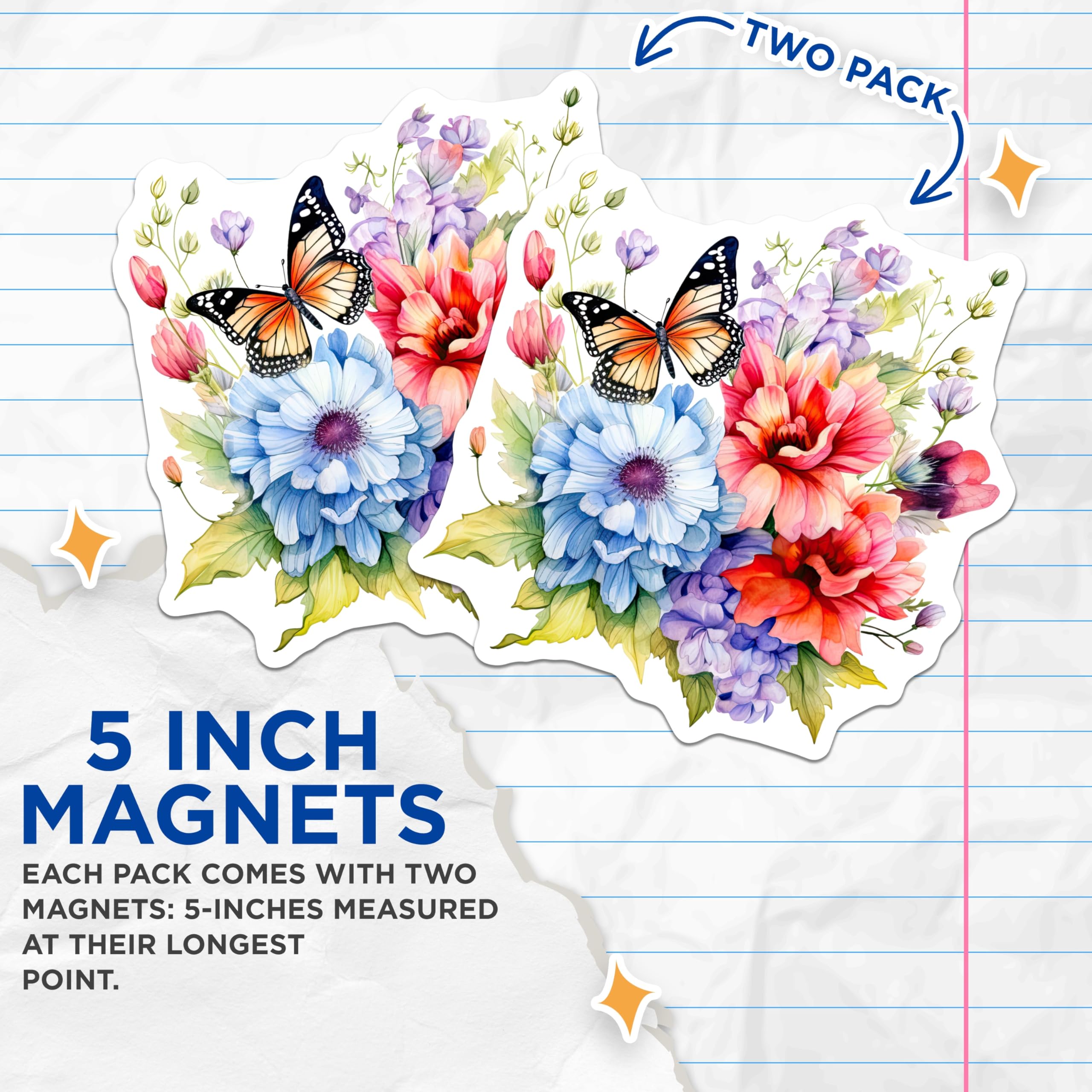 (2 Pack) Butterfly Floral Magnets - Watercolor Flowers - Botanical Fridge Decals - 5" On Longest Side - Premium Magnet - for Cars, Refrigerators, Toolboxes, Lockers - Made in USA - MAG15767