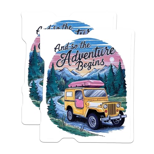 (2 Pack) Adventure Begins Stickers - Outdoor Journey Stickers - Vintage Travel Car Stickers - 5" On Longest Side - Sticks to Smooth Flat Surfaces - Made in USA - BMCS4060