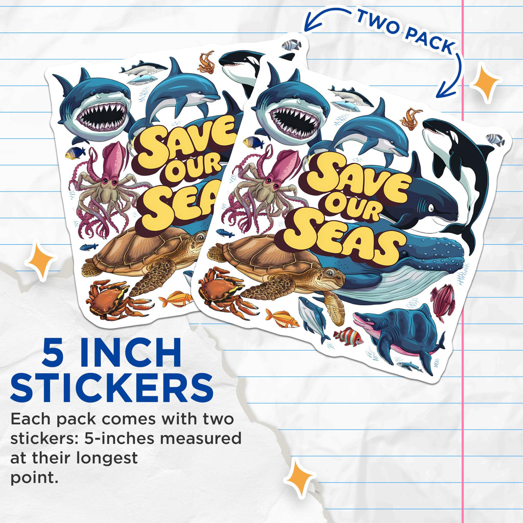 (2 Pack) Save Our Seas Stickers - Ocean Conservation Stickers - Marine Life Stickers - 5" On Longest Side - Sticks to Smooth Flat Surfaces - Made in USA - BMCS4557