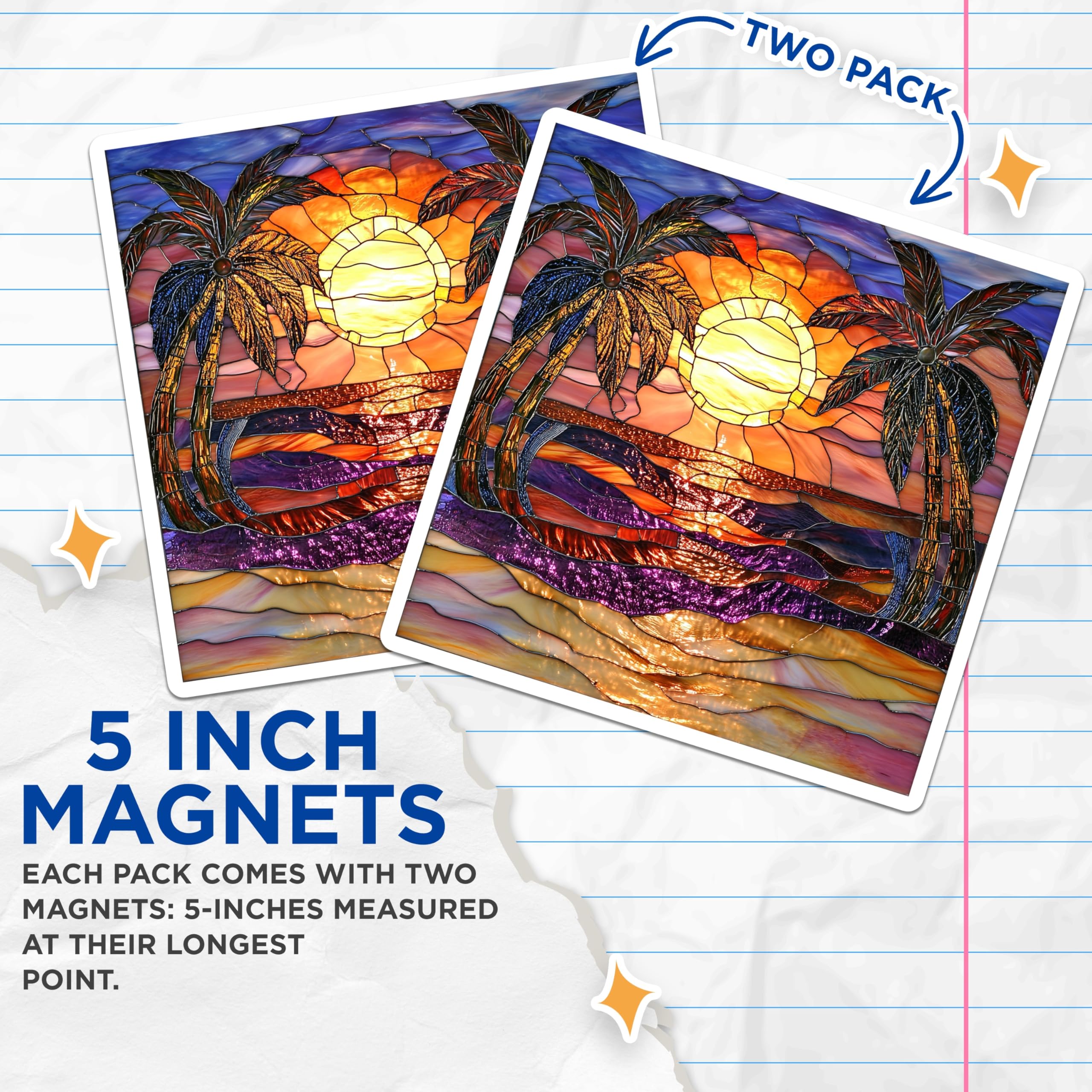 (2 Pack) Stained Glass Sunset Magnets - Tropical Palm Tree Beach Scene - Vibrant Ocean Refrigerator Decor - 5 Inches On Longest Side - Thick Durable Magnet - Made in USA - MAG29744