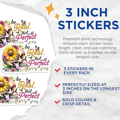 (3 Pack) Skull Flower Decals - Butterfly Decal - Be Real Not Perfect Stickers - 3 Inches On Longest Side - Easy Peel & Apply - Made in USA - 3MCS6141