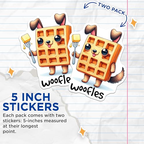 (2 Pack) Cute Waffle Dog Stickers - Funny Breakfast Food - Adorable Character Decal - 5" On Longest Side - Sticks to Smooth Flat Surfaces - Made in USA - BMCS7594