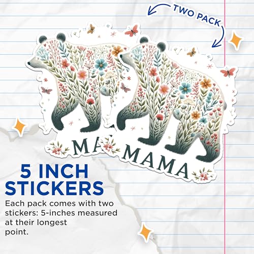 (2 Pack) Mama Bear Floral Stickers - Wildlife Nature - Mother's Day Animal - Boho Bear Themed - 5" On Longest Side - Sticks to Any Smooth Flat Surface - Made in USA - BMCS2895