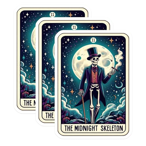 (3 Pack) Midnight Skeleton Decals - Tarot Card Art - Halloween Decorations - 3 Inches On Longest Side - Easy Peel & Apply - Made in USA - 3MCS4221