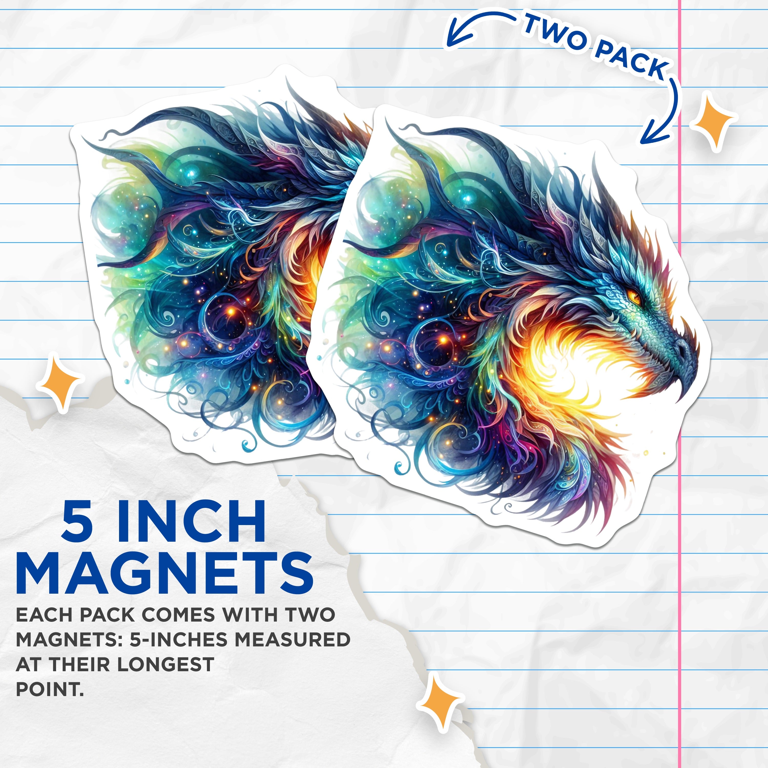 (2 Pack) Cosmic Dragon Magnets - Fantasy Art Decor - Mythical Creature Gift - Vibrant Magic Lore - 5 Inches On Longest Side - Thick Durable Magnet - Made in USA - MAG37203
