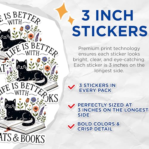 (3 Pack) Black Cat Decals - Life is Better with Cats and Books - Laptop Decals - 3 Inches On Longest Side - Easy Peel & Apply - Made in USA - 3MCS1596