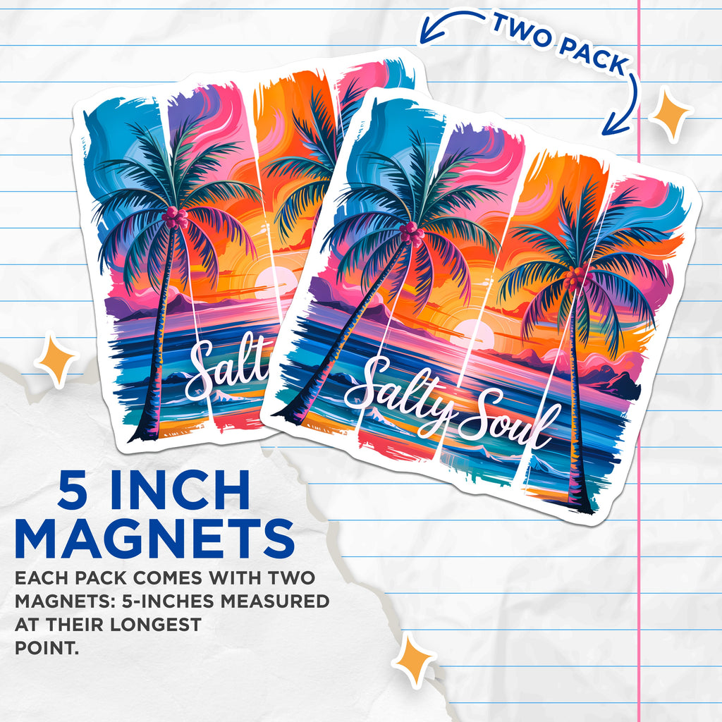 (2 Pack) Salty Soul Magnets - Tropical Beach Sunset - Palm Tree Ocean Art - Summer Vacation Decor - 5 Inches On Longest Side - Thick Durable Magnet - Made in USA - MAG36919