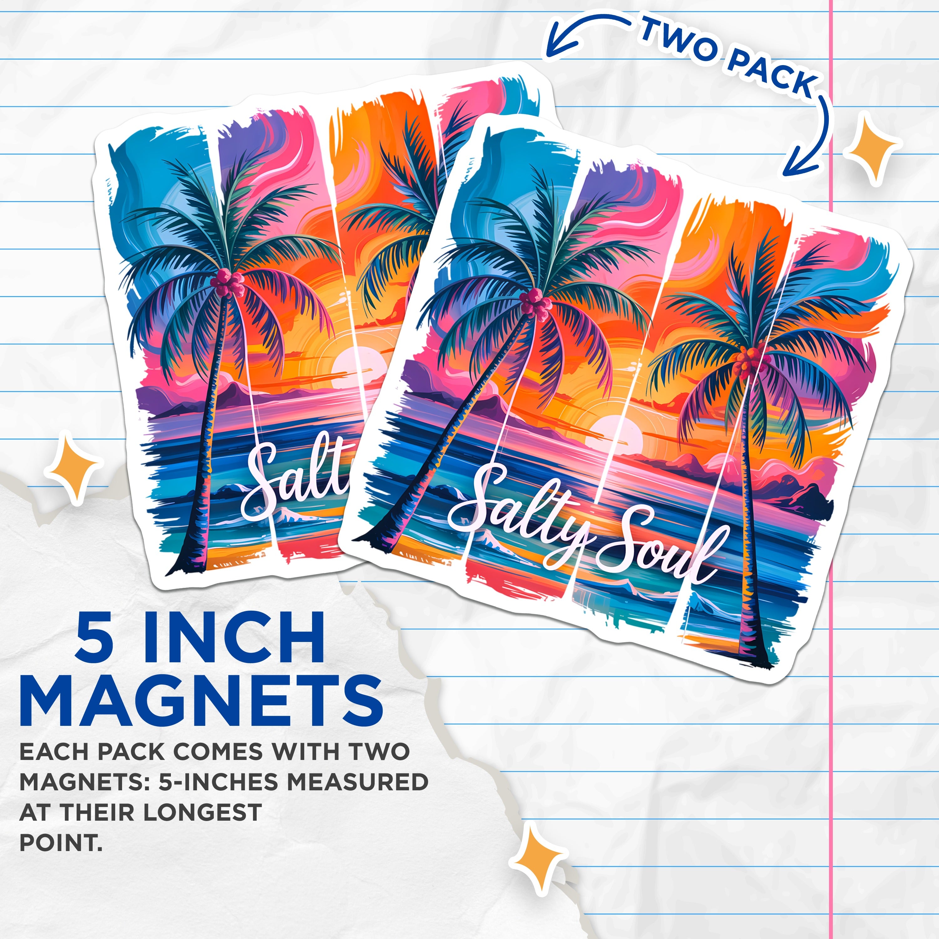(2 Pack) Salty Soul Magnets - Tropical Beach Sunset - Palm Tree Ocean Art - Summer Vacation Decor - 5 Inches On Longest Side - Thick Durable Magnet - Made in USA - MAG36919
