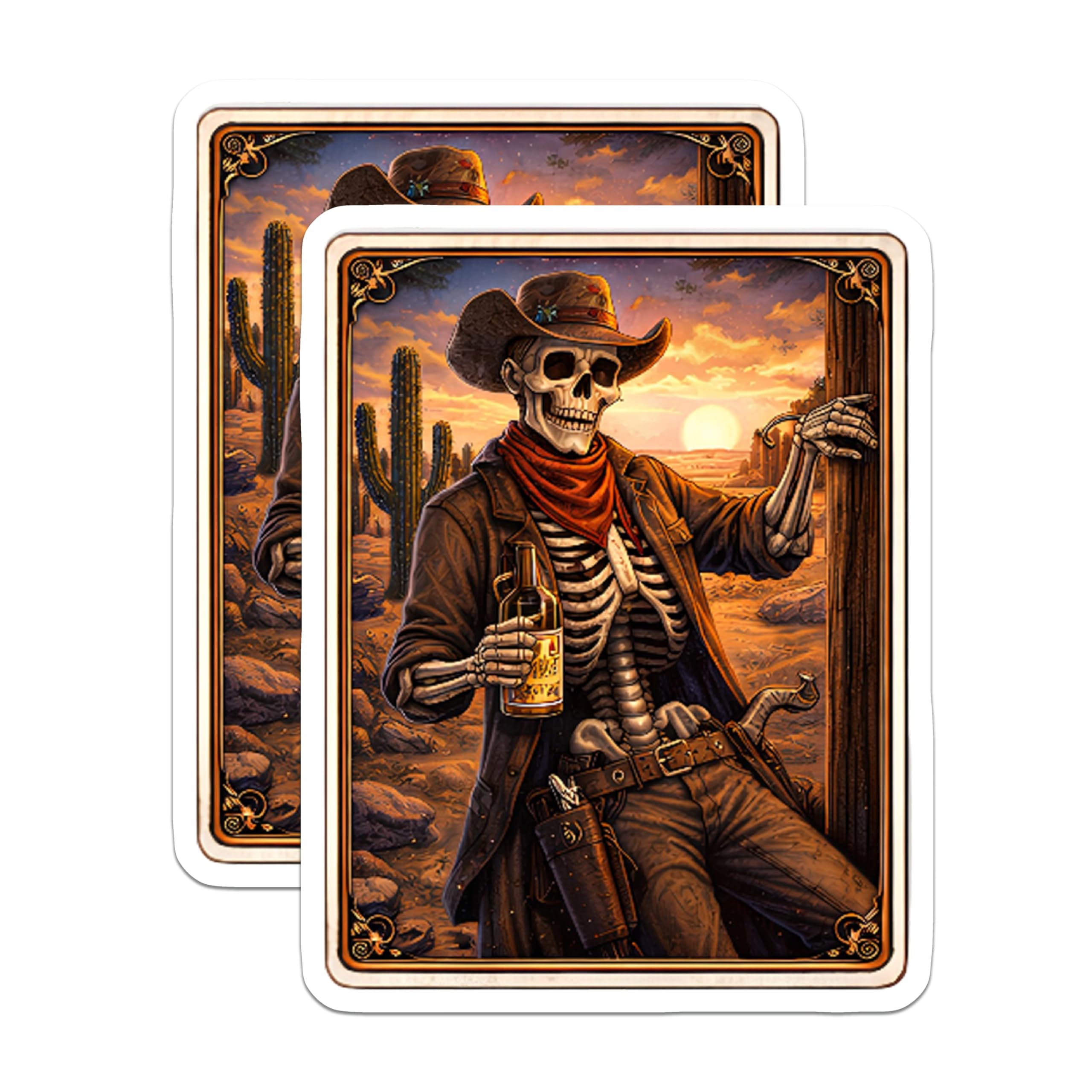 (2 Pack) Skeleton Cowboy Magnets - Western Skull Art - Sunset Desert Decor Magnets - 5" On Longest Side - Premium Magnet - for Cars, Refrigerators, Toolboxes, Lockers - Made in USA - MAG15231