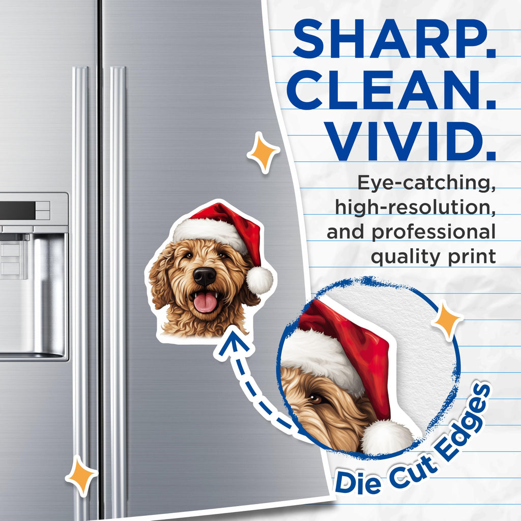 (2 Pack) Goldendoodle Magnets - Christmas Dog Decor - Santa Hat Pet Art - Festive Holiday Refrigerator Magnets - 5 Inches On Longest Side - Thick Durable Magnet - Made in USA - MAG23722